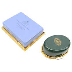 Halcyon Days rectangular box decorated with 'Peach Trees in Colour' after Van Gogh, the interior decorated with Guy Reed's racing colours 8.5cm x 6.5cm and an oval enamel box by Toye, Kenning & Spencer with a racing finish on York racecourse, interior inscribed 'Celebrating 25 years Timeform Charity Day' (2)