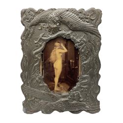 Japanese bronzed antimony frame, decorated with dragons and ho ho birds, easel stand to reverse, containing Continental crystoleum of female nude, H24cm