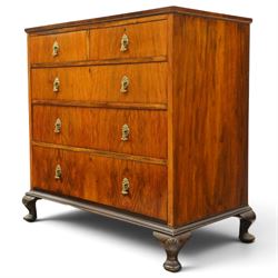 Early 20th century figured walnut chest, rectangular top with burr crossbanding, fitted with two short over three long drawers with brass drop-handles, lower moulded edge over shell-carved cabriole feet