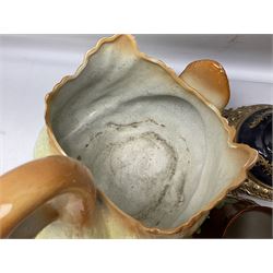 Sevres style vase and cover, the body of baluster form with scrolling gilt metal mounts printed with courting couple scene, together with copper lustre jug and quantity of Royal Worcester Palissy Game Series plates, quantity of Pendelfin figures etc, vase H44cm