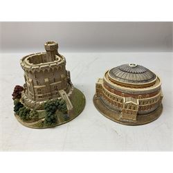 Five Lilliput Lane models from the 'Britain's Heritage' collection, comprising The Royal Albert Hall, Windsor Castle Round Tower, Eros and Nelson's Column and another snowed, all boxed