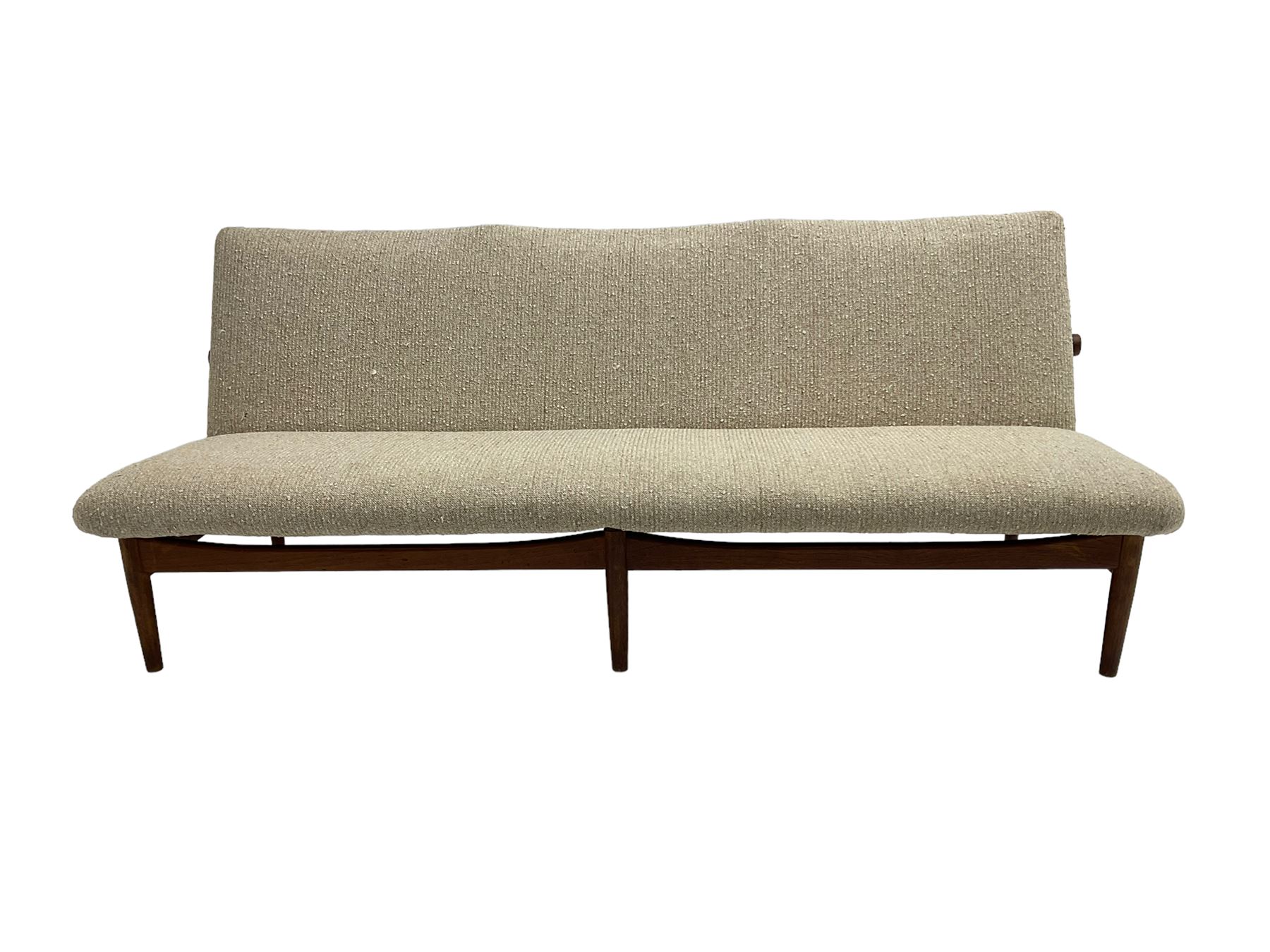 Finn Juhl for France & Son - 'Japan' mid-20th century teak three seat sofa upholstered in beige fabric 