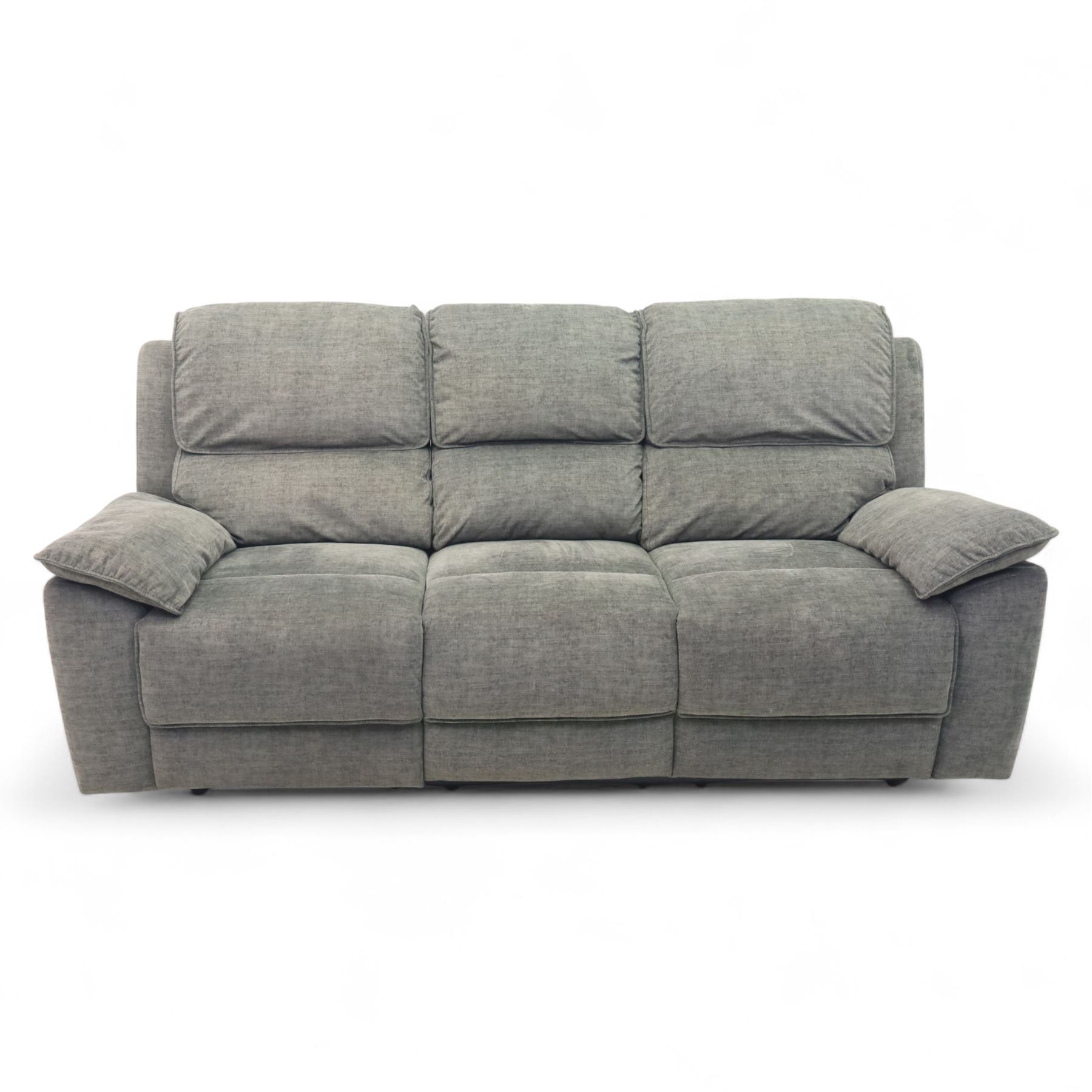 Oak Furnitureland - charcoal fabric electric recliner suite, comprising three-seat sofa and two matching armchairs, each with power reclining mechanism and integrated USB-A charging socket, upholstered in soft charcoal grey fabric with pillow arms and split back cushions

Armchairs W 100, D 82, H 104cm
Sofa W 230cm, D 82cm, H 104cm