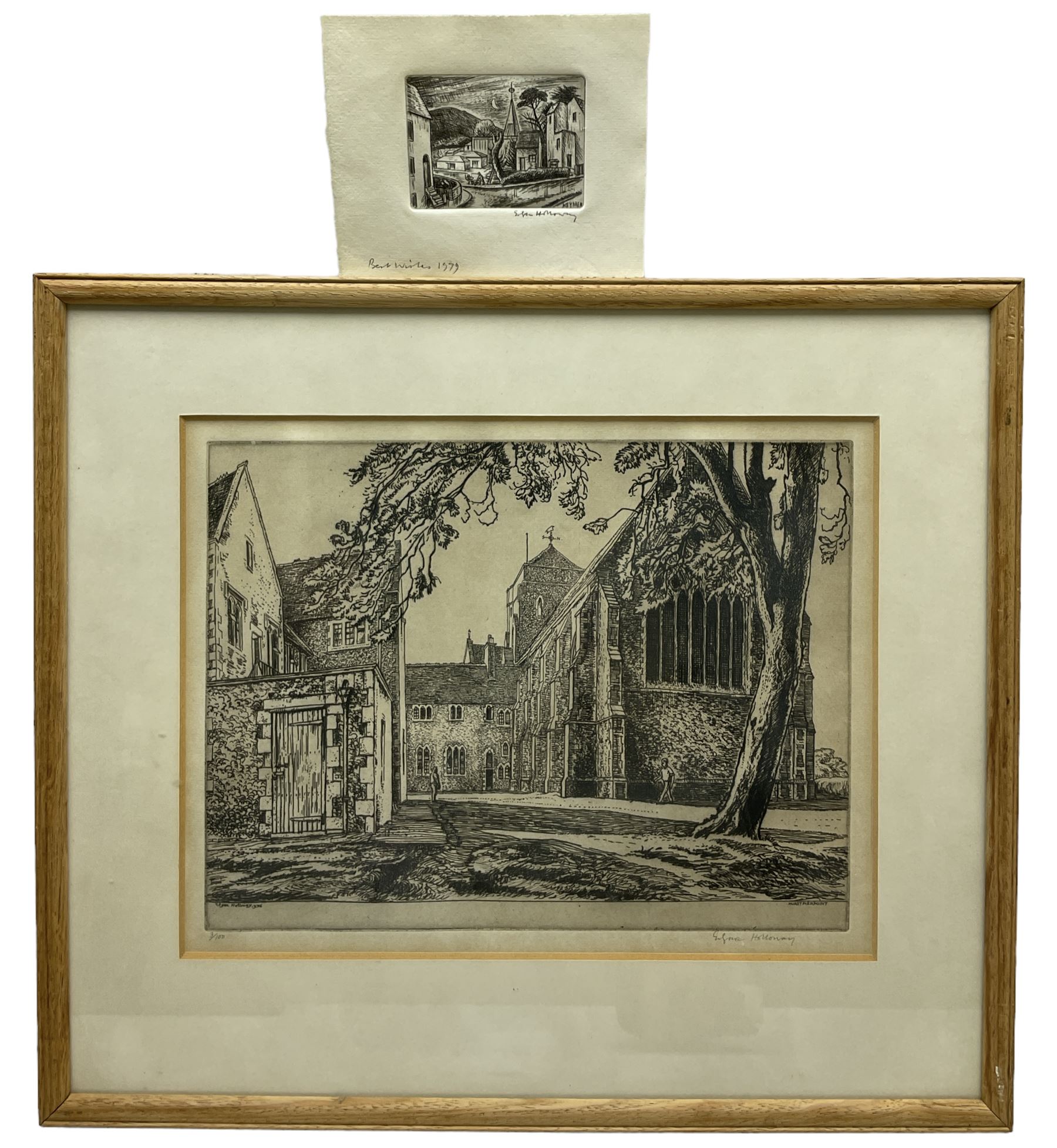 Edgar Holloway (British 1914-2008): 'Hurstpierpoint' West Sussex, drypoint etching signed and numbered 3/100 in pencil, signed titled and dated 1976 in the plate 20cm x 27cm; 'Keymer', miniature drypoint etching signed and inscribed 'Best Wishes 1979' in pencil, titled in the plate 5cm x 7cm with full margins (10cm x 13cm full sheet) (unframed) (2)