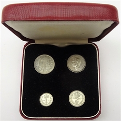  Great British King George VI 1937 Maundy money set fourpence, threepence, twopence and penny, in contemporary square red 'Maundy Money' case  