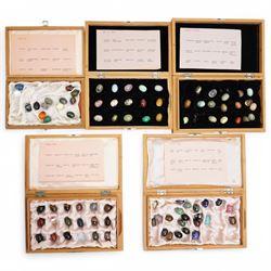 Collection of approx ninety named semi precious stone eggs in five Dunhill cigar boxes 