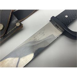 Post WWII scout knife, based on a Hitler Youth knife, in embossed leather sheath with scout emblem to handle, together with a similar example, also with scout emblem to handle, marked Whitby made in Germany, and a hunting knife with serrated edge, largest L39cm