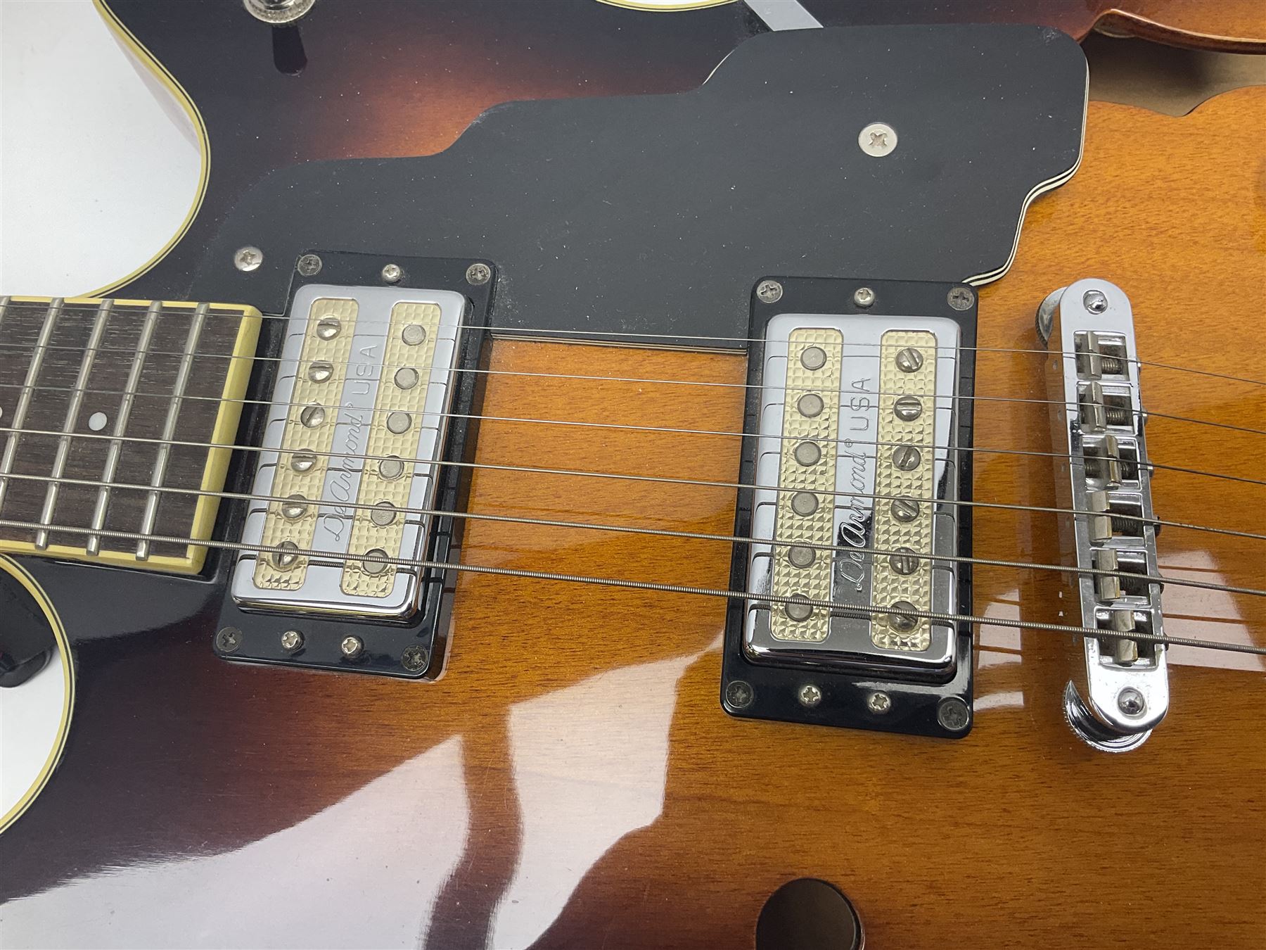 DeArmond Guild Star Fire Custom semi-acoustic guitar c2009 with tobacco sunburst finish and USA DeArmond gold foil pick-ups; serial no.KC9091266; L104cm; in Spider carrying case