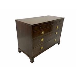 George III oak and mahogany chest, rectangular banded top over three small, two short and two long graduating drawers, bracket feet