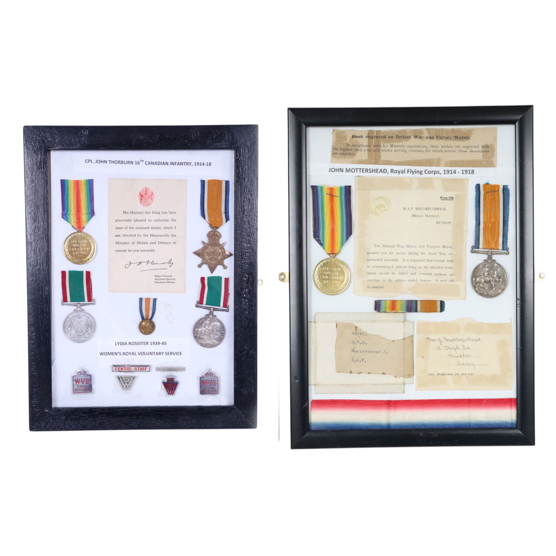 WWI framed medals, One framed set, medal duo war and victory medals, awarded to 79250 John Mottershead Royal Flying Corps, with ribbon band and paperwork, the second frame, medal trio 1914-15 star, war and victory medals, awarded to 29274 Cpl John Thorburn 16th Canadian Infantry together with Women's Royal Voluntary Service medal and badges     