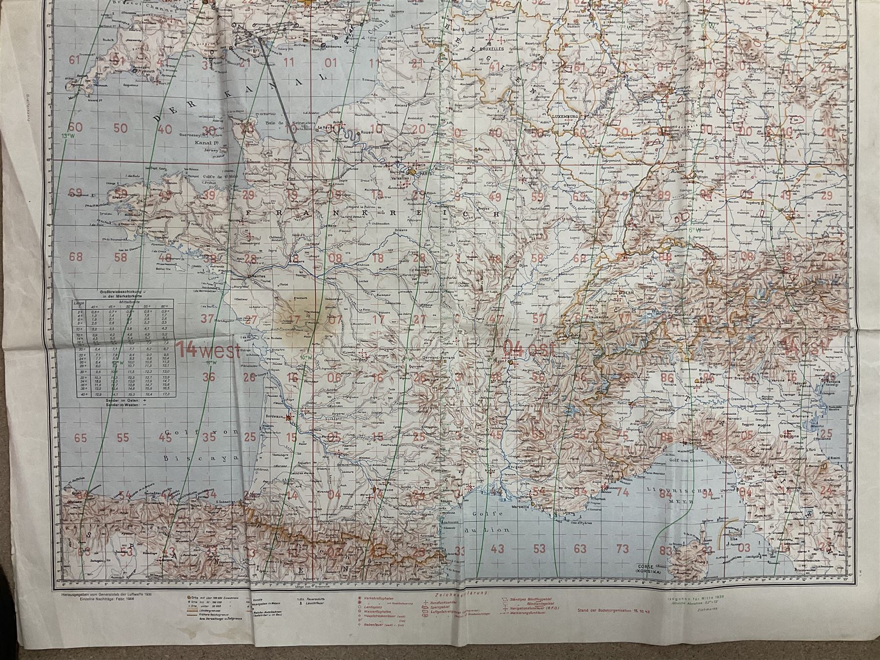 WWII German navigation map, Luft-Navigationskarte in Merkatorprojektion, of England, France, Netherlands, Denmark, H110cm, W74cm 