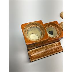 A Clarice Cliff Bizarre Cafe au lait double cube inkwell with pen tray, decorated in the Berries pattern, with printed mark to base, and shape number 462, H7cm W10cm. 