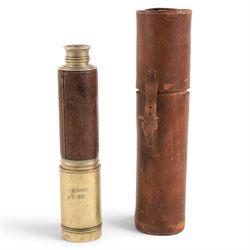 Early 20th century leather-bound three draw brass telescope by Broadhurst Clarkson & Co, 63 Farringdon Road London, full length L77cm