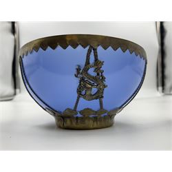 Chinese bronze vase, of baluster form with elongated neck, decorated in relief with birds amongst prunus blossom, together with a smaller pair of twin handled bronzed vases, decorated with peacocks and a blue Peking glass dish, with white metal mounted decorated with dragons, bronze vase H23.3cm