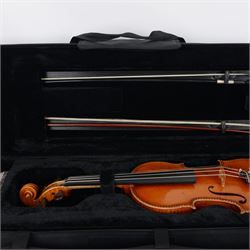 19th century full size European violin, spruce top, figured maple full back and sides, double purfling, in fitted case with two bows.