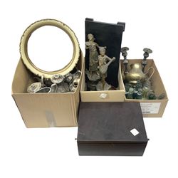 Two composite 'Musique' figures, quantity of silver plate and other metalware , circular convex mirror, wood box and other treen, glass bottles etc in three boxes