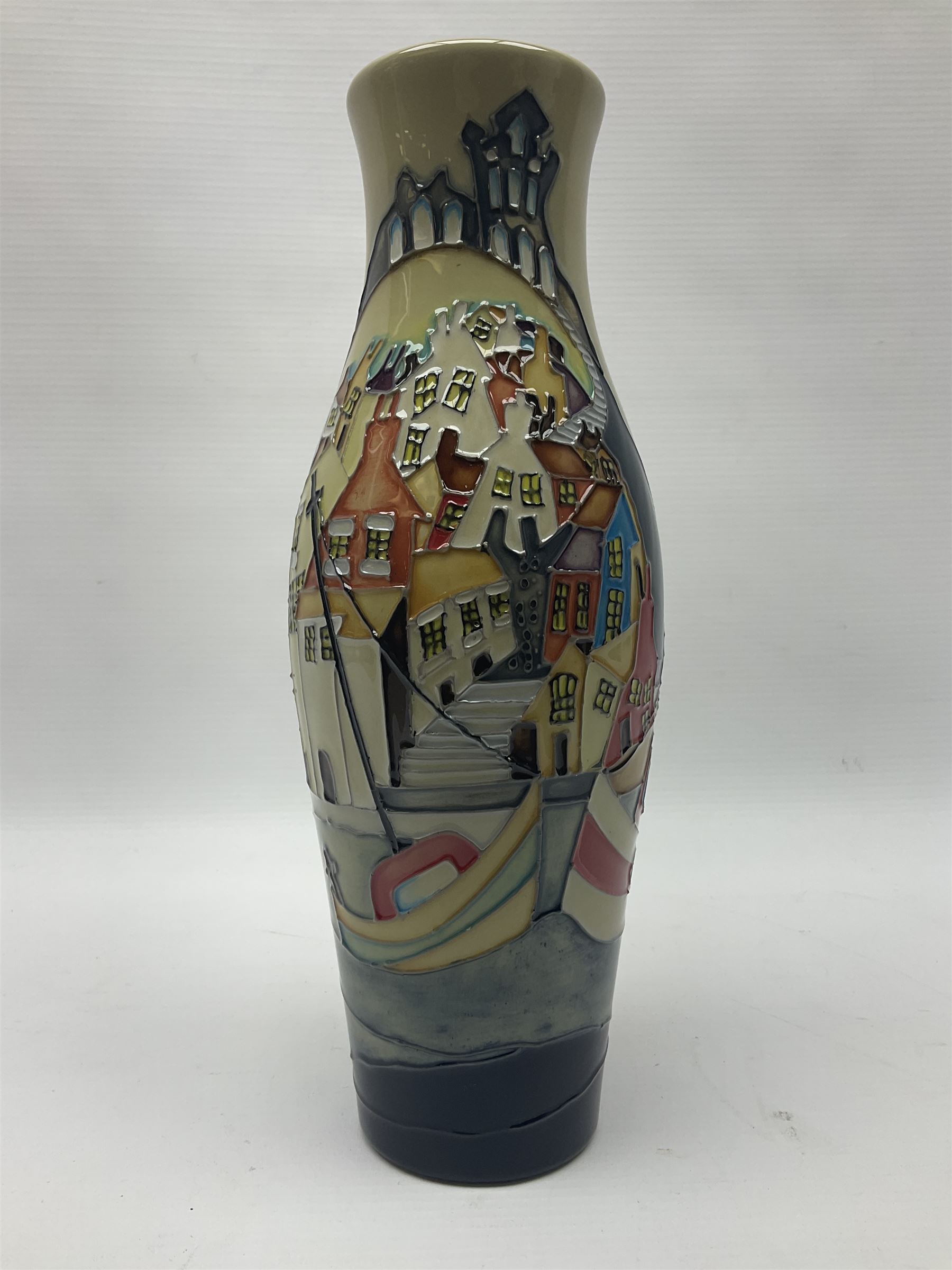 Moorcroft Whitby Harbour vase, 2017, trial vase of slender baluster form, tubelined and painted in bright colours with a view of Whitby town and harbour, impressed and painted marks beneath, H26cm 