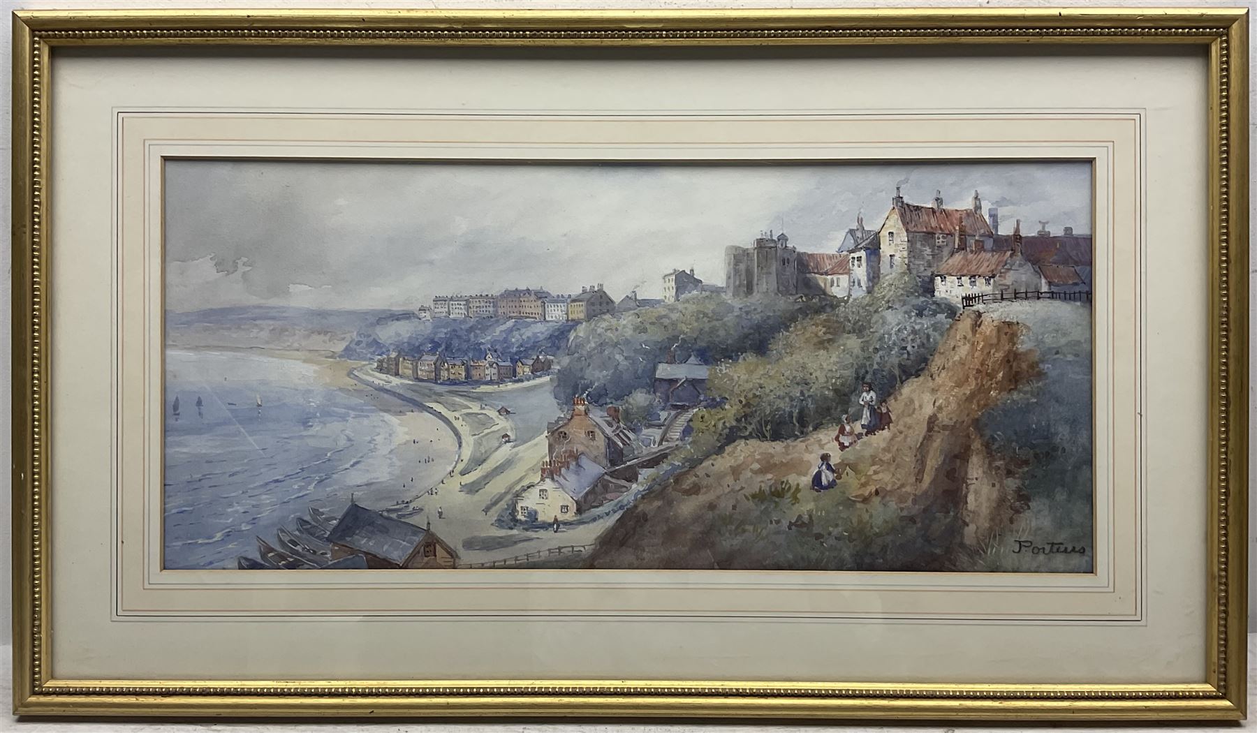 J Porteus (Northern British 19th/20th century): View of Filey, watercolour signed 24cm x 53cm