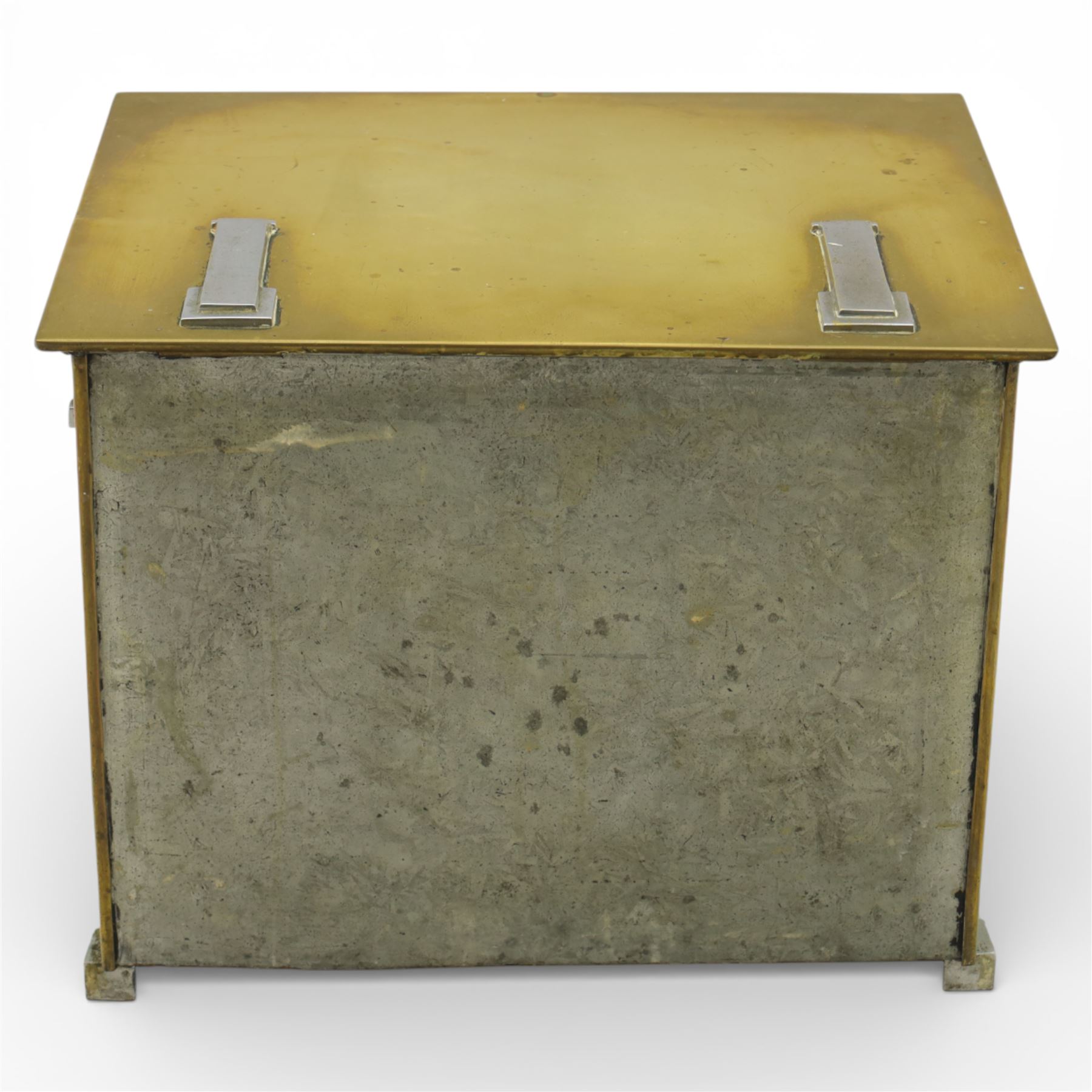 Early 20th century brass coal box, square hinged lid with recessed rectangular handle plates, the front fitted with a swing carrying handle, opening to a removable blackened metal liner, raised on short bracket feet