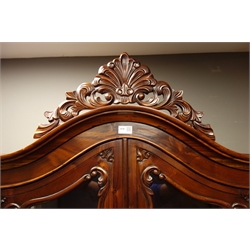  French style mahogany display cabinet, carved shell and scrolled pediment above glazed arched doors, single drawer, on ball and claw feet, W90cm, H206cm, D49cm  