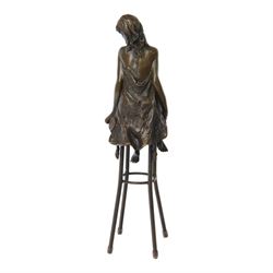 Art Deco style bronze modelled as a semi naked female figure, seated upon a chair, signed  Pierre Collinet, H27cm