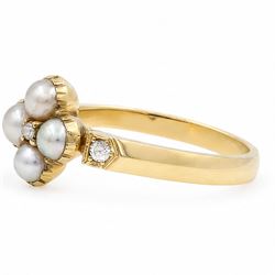 19th/ early 20th century gold pearl and diamond flower head cluster ring, single old cut diamond surrounded by four grey pearls, with a diamond set either side, by Cornelius Desormeaux Sanders & James Francis Hollings Shepherd, stamped 18ct