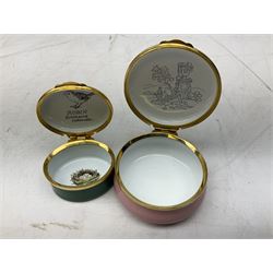 Three Sylvia Smith models of Old English Sheepdogs, Royal Orleans Pink Panther lidded box, two Crummels boxes and two Royal Worcester bird figures