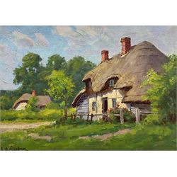 Sidney Valentine Gardner (Staithes Group 1869-1957): The Thatched Cottage, oil on canvas laid on to board signed 24cm x 34cm