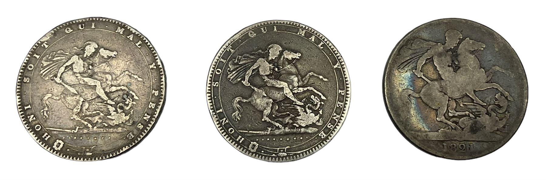 Two George III 1820 crown coins and a George IIII 1821 crown coin (3)