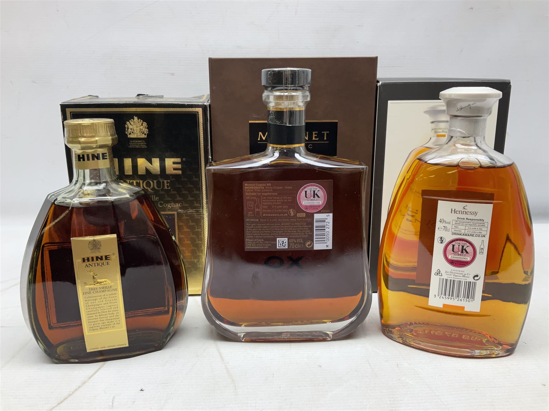 Hennessy, fine de cognac, 70cl, 40% vol, Monnet, Xo prestige cognac, 70cl, 40% proof and Hine Antique, Tres Vieille champagne cognac, 68cl, 40% vol, all with original boxes 