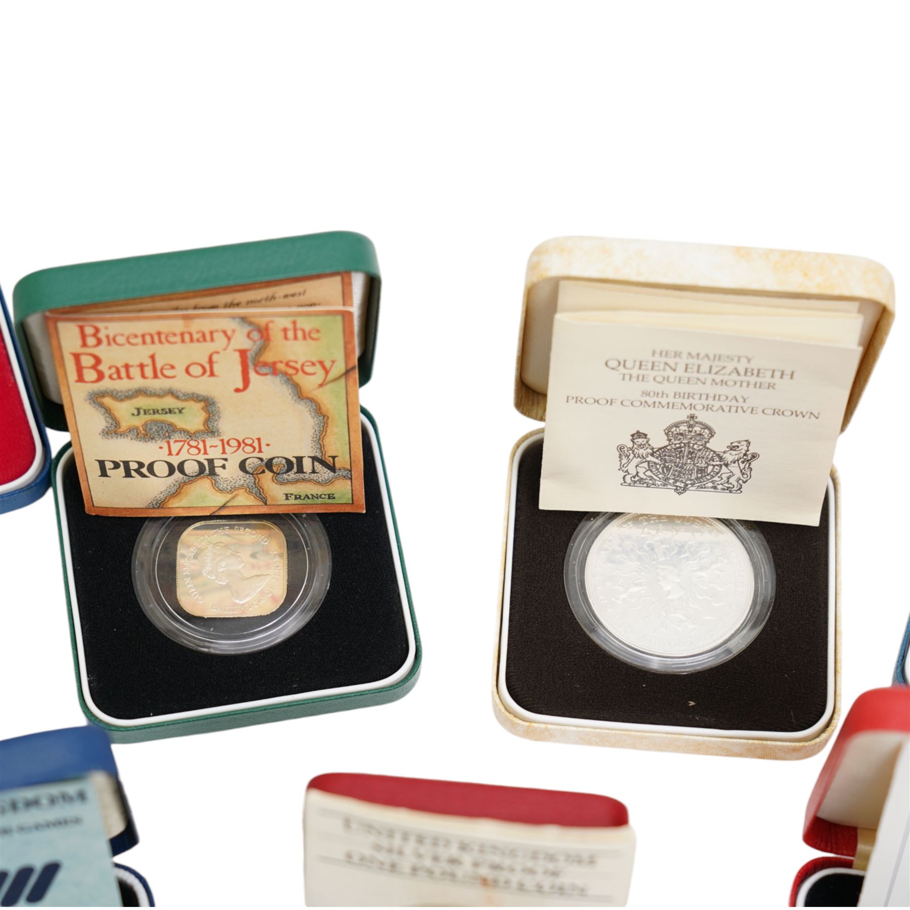Eleven The Royal Mint United Kingdom silver proof coins or sets, comprising 1977 crown, 1980 crown, 1981 Jersey one pound, 1981 crown, 1983 one pound, 1986 two pound, 1989 two pound two coin set, 1994 piedfort fifty pence, 1994 two pound, 1994 piedfort two pound, and 1995 piedfort two pound, all cased with certificates