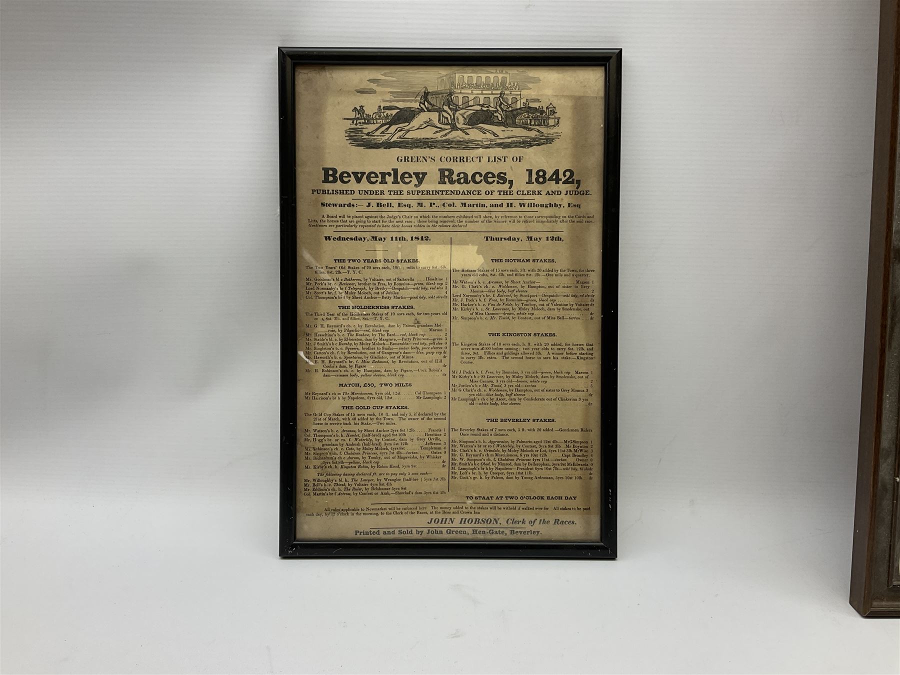 Two 19th century Beverley Race posters - 11th/12th May 1842 with vignette of a horse race 35 x 23cm; and 17th March 1854; each in ebonised frame; together with 'Notice of Poll .... Beverley No.5 Ward' 6th May 1976 78 x 43cm in mahogany stained frame (3)

