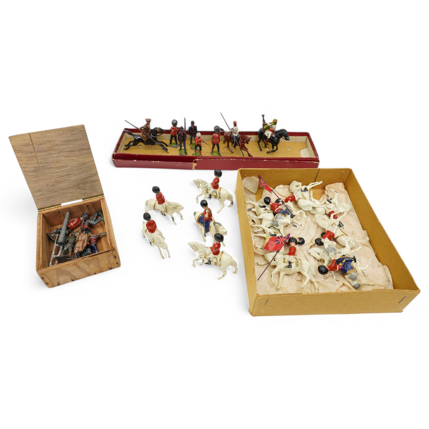 Set of fourteen Johillco lead cavalry on white horses, some with pennants, Britains overseas and colonial foot soldiers and cavalry and a Britains Zouaves box