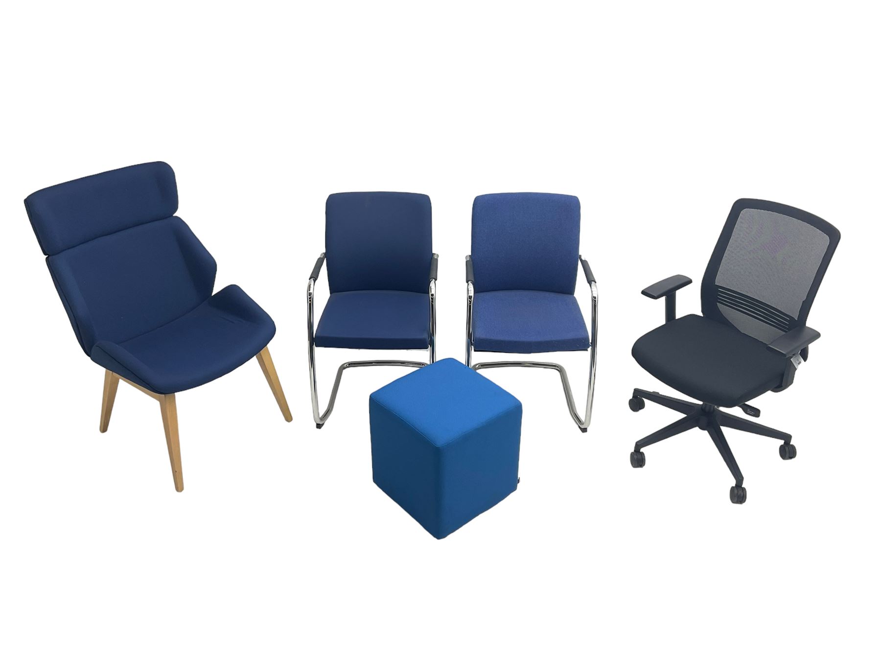 Elite - black office swivel chair (W61cm H98cm); together with Elite - pair office armchairs and high back office chair, upholstered in navy blue; and office cube