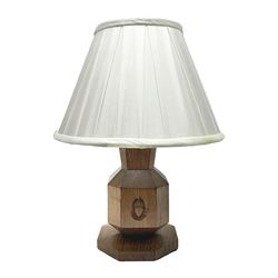 Acornman - oak table lamp, stepped and canted rectangular form on octagonal base, carved with acorn signature, by Alan Grainger, Brandsby, York
