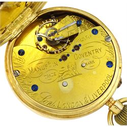 Edwardian 18ct gold open face lever chronograph old chronometer pocket watch by J W Reeley & Sons, London & Liverpool, No. 99250, white enamel dial with Roman numerals, outer seconds track numbered 5-60, case by William Neale & Sons, Chester 1909, the back case monogrammed
