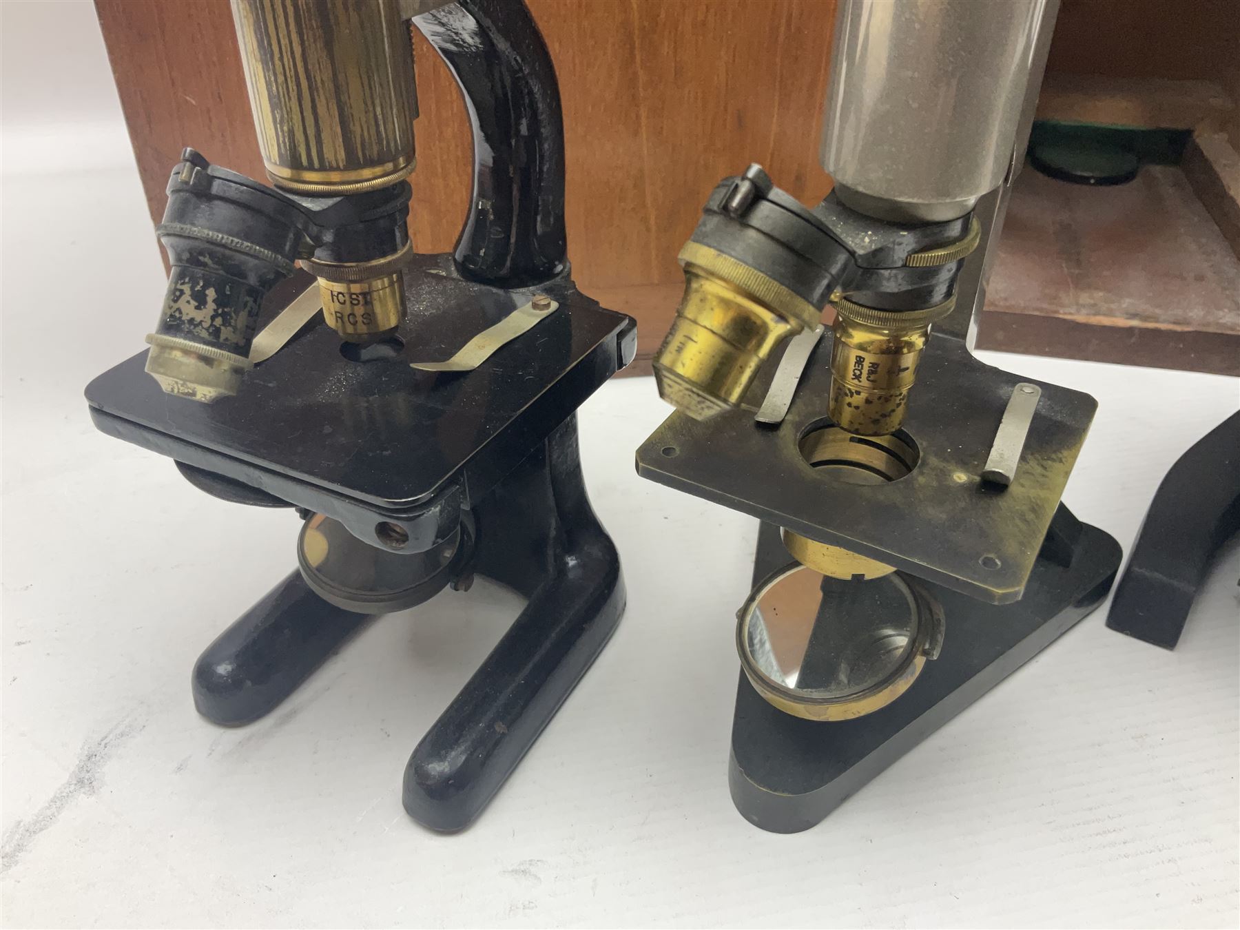 Four microscopes, comprising Nomo Biolam, RCS Zoo Lab 240, R Beck no 13756 and one other