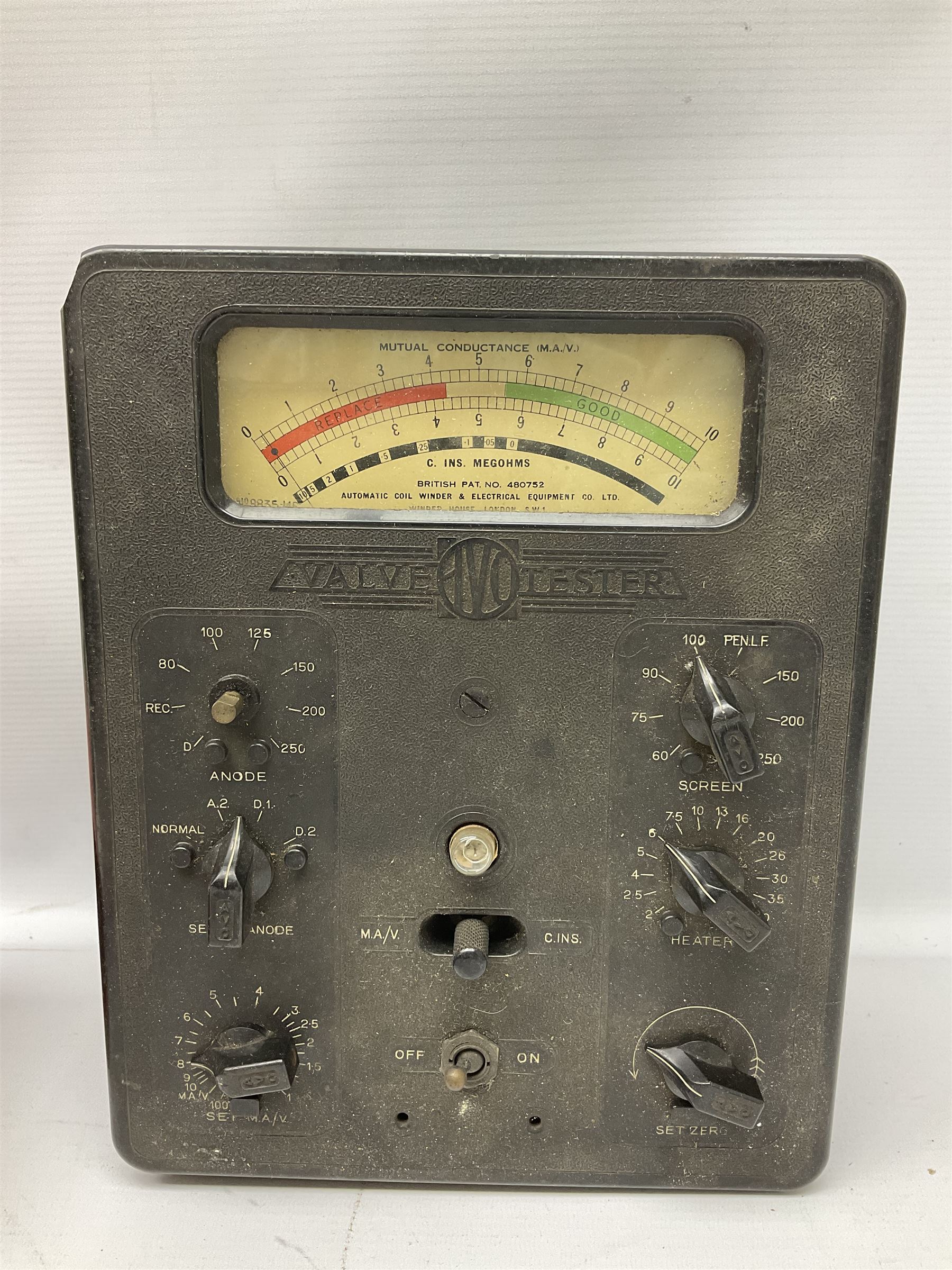 AVO valve tester, British Patent 480752 by the Automatic Coil Winder & Electrical Equipment Co Ltd, together with 16-type plug board with connecting lead, AVO wide range signal generator with original instruction manural and AVO multimeters mk2 and mk4 etc