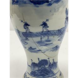 19th century Chinese Kangxi style blue and white jar and cover, decorated with figural and landscape scenes, the domed cover with foo dog finial, with four character marks beneath, H22cm