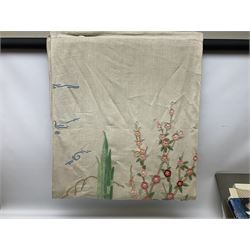 Large quantity of table linen and Victorian and later lace, framed machine tapestry depicting Greece, embroidered wall hanging decorated with a woodland scene with deer and blossoming tree, embroidered linen decorated with floral design, crochet, etc