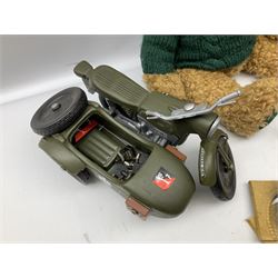Action Man combination motorcycle and sidecar; Harrods 1998 teddy bear; quantity of Air Ministry switches; model railway layout buildings etc