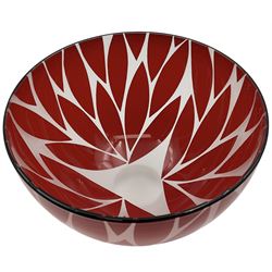 Gillies Jones of Rosedale glass bowl decorated with red leaves with black rim, upon a short clear tapering foot, signed to base, H12cm D15cm