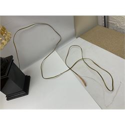 Coal bucket painted with flowers together with pair of bellows, boot scraper in the form of a beetle, wooden guillotine, composite table lamp with tassel lampshade and one other