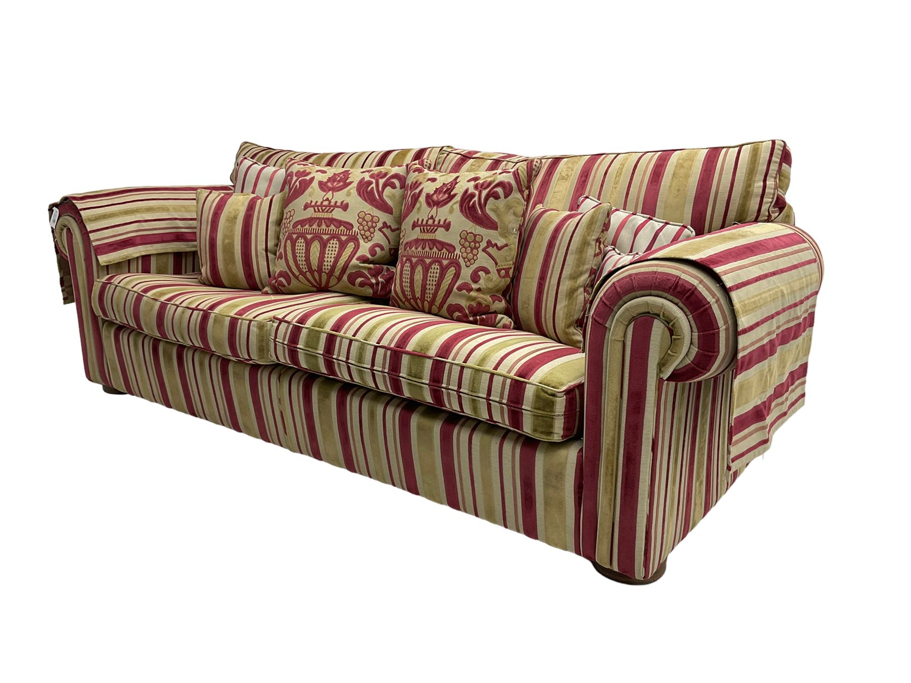 Duresta - 'Waldorf' large three seat sofa, upholstered in multi-colour striped fabric, on compressed bun feet