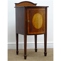  Edwardian inlaid d cross banded mahogany serpentine bedside cabinet, raised shaped back, single cupboard, square tapering supports with spade feet, W41cm, H86cm, D41cm  
