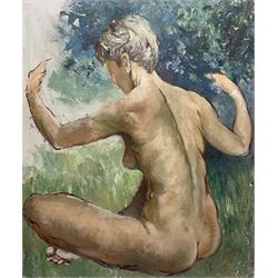 Roberte Chevalier (French 1907-2000): Seated Female Nude outside, oil on canvas laid onto board 62cm x 52cm