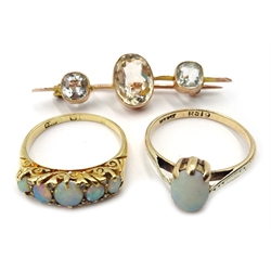  Edwardian gold five stone opal ring, hallmarked 18ct, gold stone set brooch and single pearl ring, both stamped 9c  