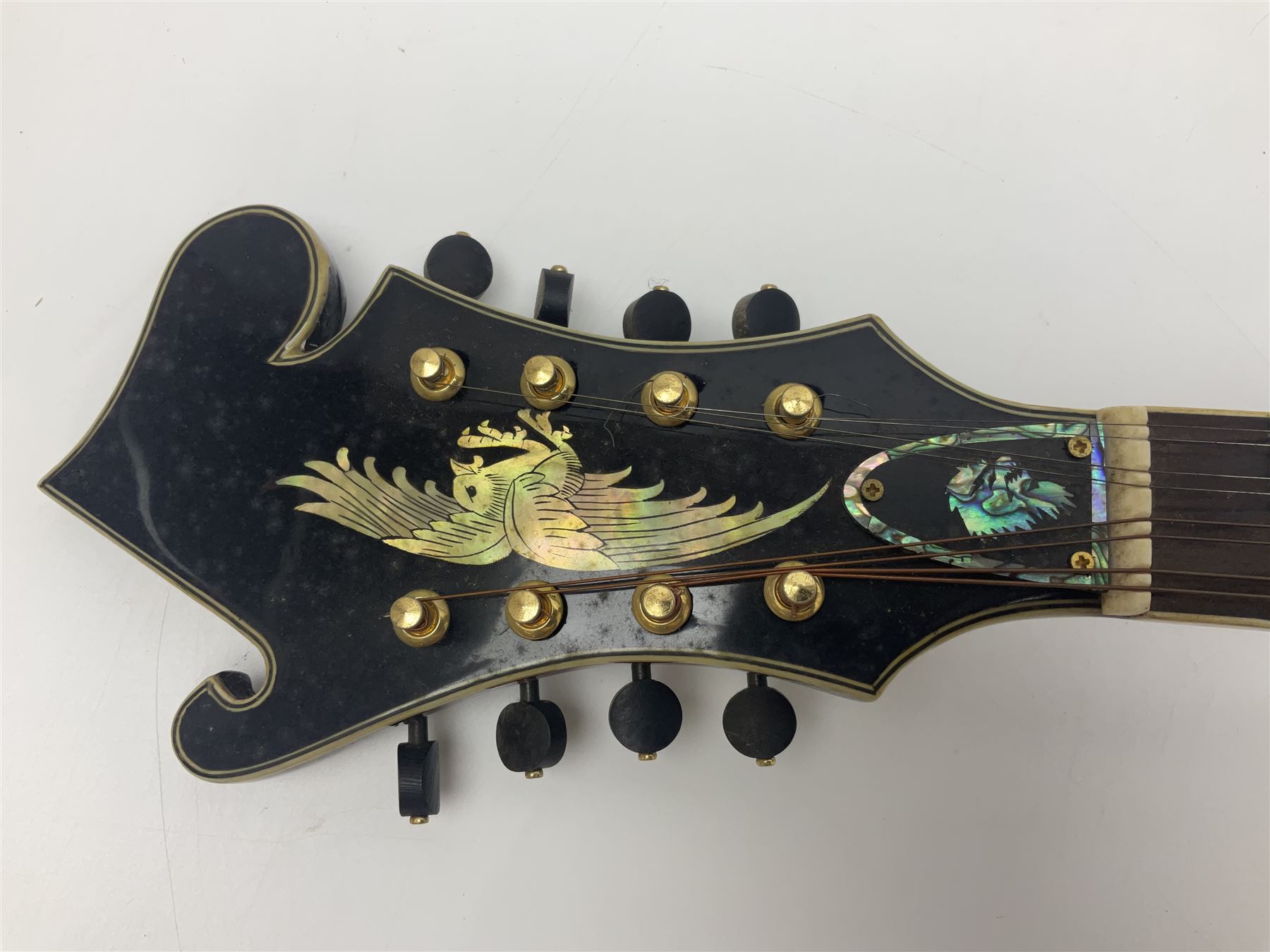 Eastern eight-string mandolin with red sunburst finish and mother-of-pearl inlay of eagles, clouds, trees etc L86cm; in fitted hard carrying case