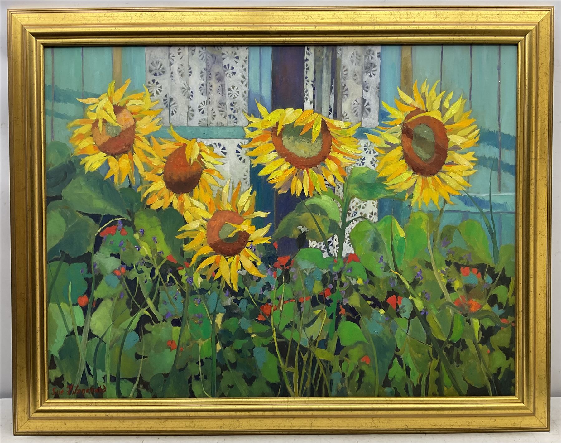 Sue Fitzgerald (British Contemporary): Sunflowers, oil on canvas signed 75cm x 100cm 
Provenance: private collection, purchased Walker Galleries, Harrogate, label verso