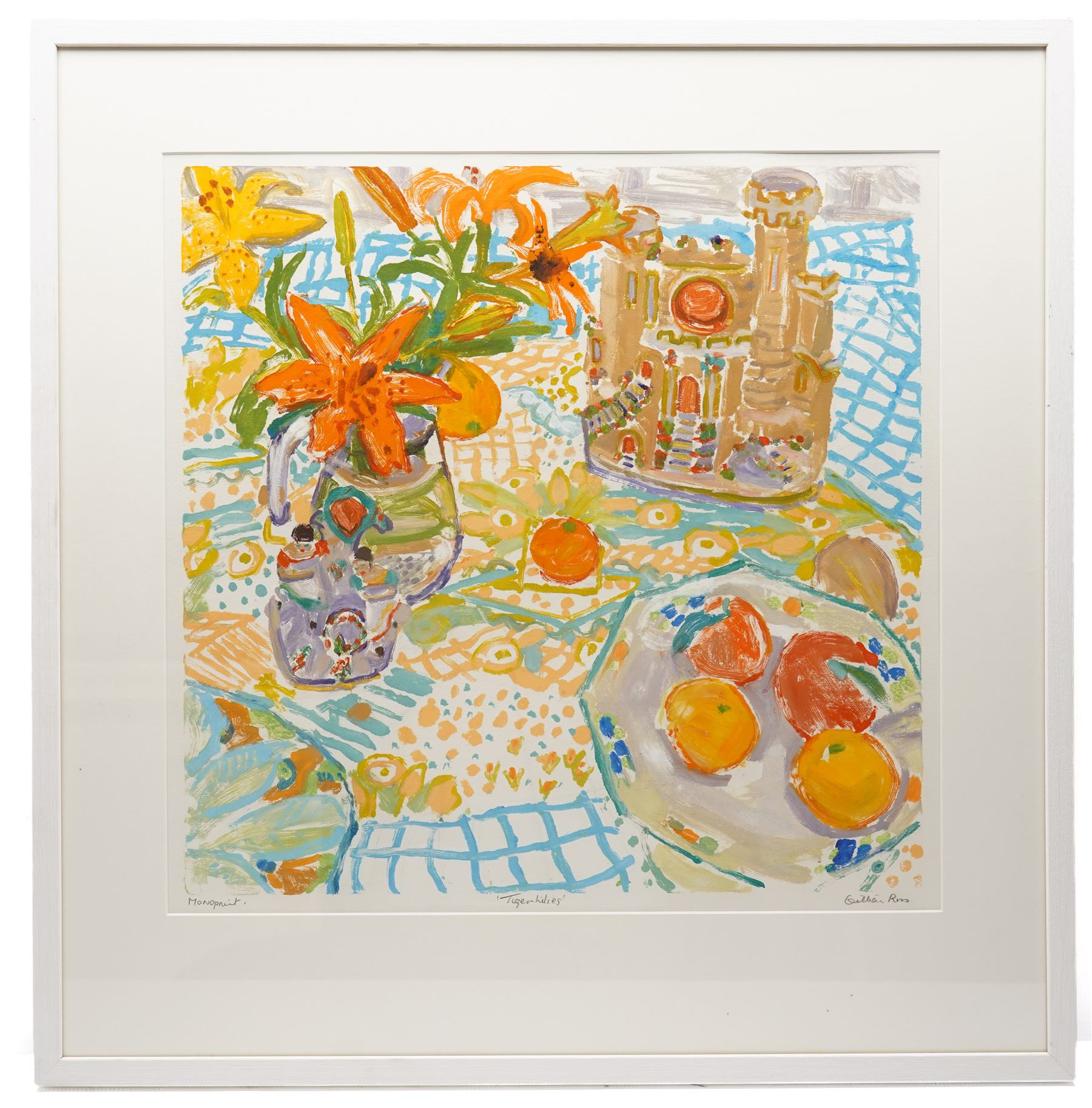Gillian Ross Kelsey (British 1935-2025): 'Tiger Lilies', acrylic monoprint signed and titled in pencil 50cm x 50cm